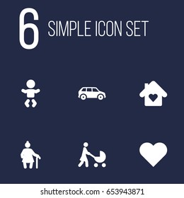 Set Of 6 Family Icons Set.Collection Of Kid, House, Heart And Other Elements.