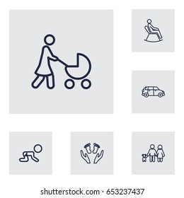 Set Of 6 Family Outline Icons Set.Collection Of Care, Man In Armchair, Car And Other Elements.