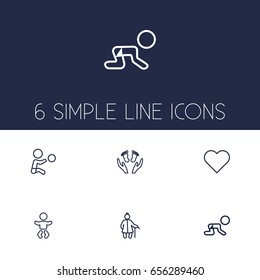 Set Of 6 Family Outline Icons Set.Collection Of Grangmother, Crawling Kid, Soul And Other Elements.