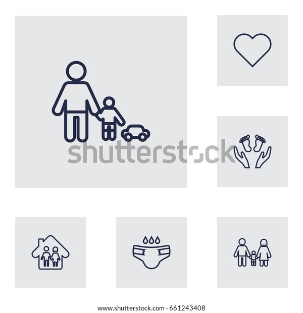 Set Of 6 Family Outline Icons\
Set.Collection Of Parents, Soul, Care And Other\
Elements.