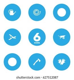 Set Of 6 Farm Icons Set.Collection Of Wheelbarrow, Garden Hose, Watering Can And Other Elements.