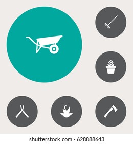 Set Of 6 Farm Icons Set.Collection Of Axe, Scissors, Flowerpot And Other Elements.