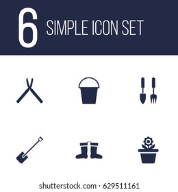 Set Of 6 Farm Icons Set.Collection Of Shovel, Rubber Boots, Scissors And Other Elements.