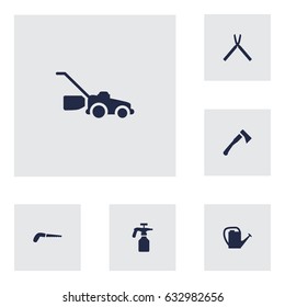 Set Of 6 Farm Icons Set.Collection Of Scissors, Axe, Spray Bootle And Other Elements.