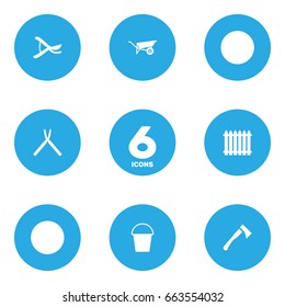 Set Of 6 Farm Icons Set.Collection Of Fence, Wheelbarrow, Pruner And Other Elements.