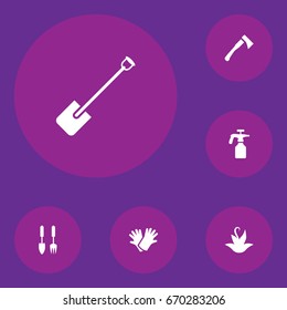 Set Of 6 Farm Icons Set.Collection Of Spray Bootle, Latex, Shovel And Other Elements.