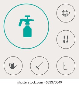Set Of 6 Farm Icons Set.Collection Of Watering Can, Spray Bootle, Garden Hose And Other Elements.