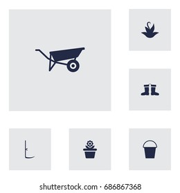 Set Of 6 Farm Icons Set.Collection Of Rubber Boots, Wheelbarrow, Cutter And Other Elements.