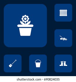 Set Of 6 Farm Icons Set.Collection Of Rubber Boots, Flowerpot, Bucket And Other Elements.
