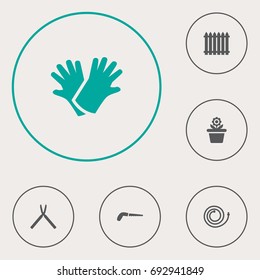 Set Of 6 Farm Icons Set.Collection Of Fence, Scissors, Garden Hose And Other Elements.