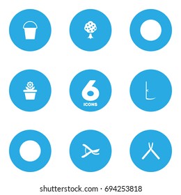Set Of 6 Farm Icons Set.Collection Of Scissors, Flowerpot, Pruner And Other Elements.