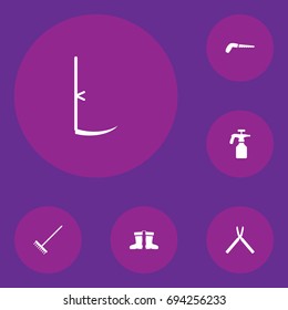 Set Of 6 Farm Icons Set.Collection Of Rake, Hacksaw, Rubber Boots And Other Elements.