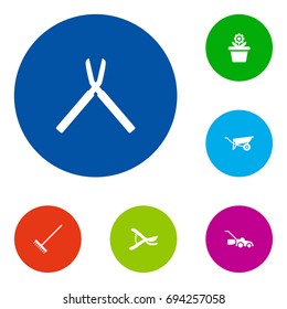 Set Of 6 Farm Icons Set.Collection Of Pruner, Flowerpot, Wheelbarrow And Other Elements.