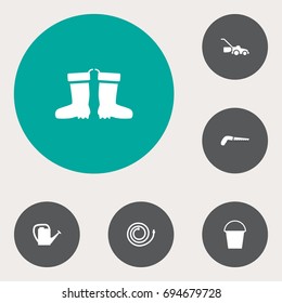 Set Of 6 Farm Icons Set.Collection Of Rubber Boots, Lawn Mower, Bucket And Other Elements.