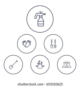 Set Of 6 Farm Outline Icons Set.Collection Of Atomizer, Waterproof Shoes, Safer Of Hand Elements.