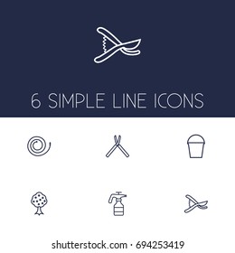 Set Of 6 Farm Outline Icons Set.Collection Of Secateurs, Firehose, Pail And Other Elements.