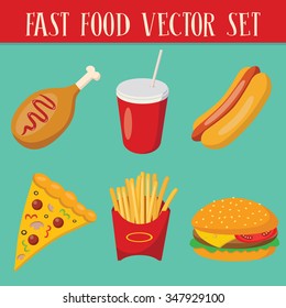 Set of 6 fast food objects: pizza, hamburger, hot dog, cola, french fries, fried chicken leg
