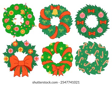 Set of 6 festive Christmas wreath with decorations like bows, candy canes, balls, and stars. Winter garland adorned with red  ribbons. Contemporary xmas holly design. Isolated on white background.