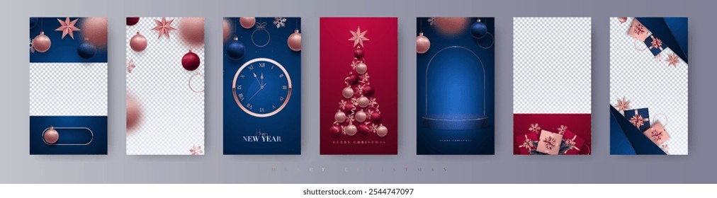 Conjunto de 6 historias festivas Plantilla con adornos y diseño de reloj