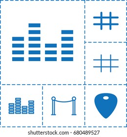  set of 6  filled and outline icons such as guitar mediator, equalizer, grid