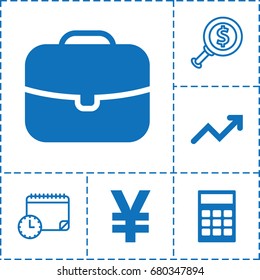 set of 6 finance filled and outline icons such as graph, calendar with clock, case, calculator, yuan