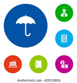 Set Of 6 Finance Icons Set.Collection Of Strongbox, Umbrella, Worker And Other Elements.