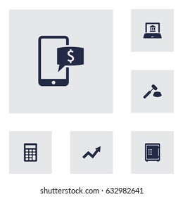 Set Of 6 Finance Icons Set.Collection Of Online Banking, Calculate, Judge And Other Elements.