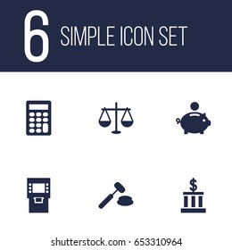 Set Of 6 Finance Icons Set.Collection Of Calculate, Judge, Balance And Other Elements.