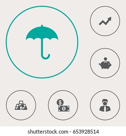 Set Of 6 Finance Icons Set.Collection Of Worker, Piggy Bank, Umbrella And Other Elements.
