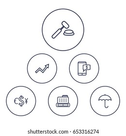 Set Of 6 Finance Outline Icons Set.Collection Of Cash Register, Auction, Protect And Other Elements.