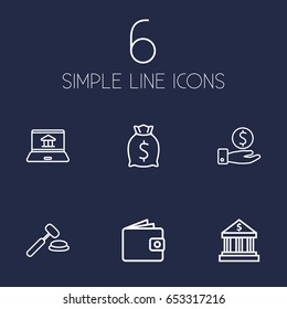 Set Of 6 Finance Outline Icons Set.Collection Of Bank, Moneybag, Auction And Other Elements.