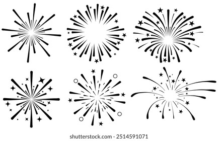 Conjunto de 6 explosões de fogos de artifício, silhuetas isoladas em um fundo branco