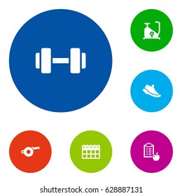 Set Of 6 Fitness Icons Set.Collection Of Blower, Date, Sneakers And Other Elements.