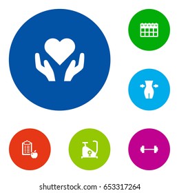 Set Of 6 Fitness Icons Set.Collection Of Regime, Slimming, Training Bicycle And Other Elements.