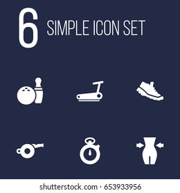 Set Of 6 Fitness Icons Set.Collection Of Blower, Timer, Sneakers And Other Elements.
