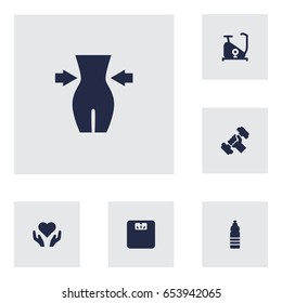 Set Of 6 Fitness Icons Set.Collection Of Bodybuilding, Training Bicycle, Slimming And Other Elements.