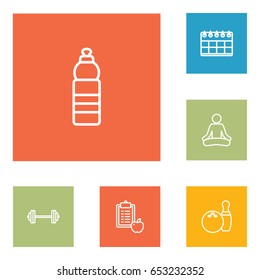 Set Of 6 Fitness Outline Icons Set.Collection Of Barbell, Bowling, Calendar And Other Elements.