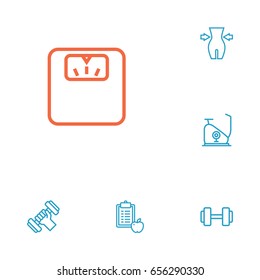 Set Of 6 Fitness Outline Icons Set.Collection Of Exercise Bike, Diet, Workout And Other Elements.