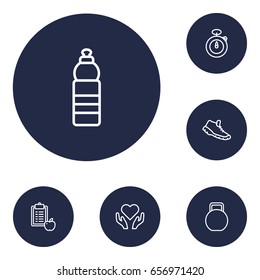 Set Of 6 Fitness Outline Icons Set.Collection Of Diet, Kettlebells, Health Care And Other Elements.