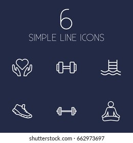 Set Of 6 Fitness Outline Icons Set.Collection Of Pool, Dumbbell, Trekking Shoes And Other Elements.
