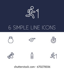 Set Of 6 Fitness Outline Icons Set.Collection Of Kettlebells, Water Bottle, Training And Other Elements.
