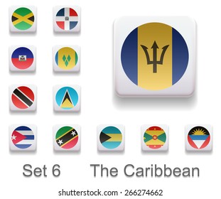 Set of 6. Flags of the Caribbean in the form of computer button. All elements and textures are individual objects. Each image has a name. Illustration. Vector. Icon.