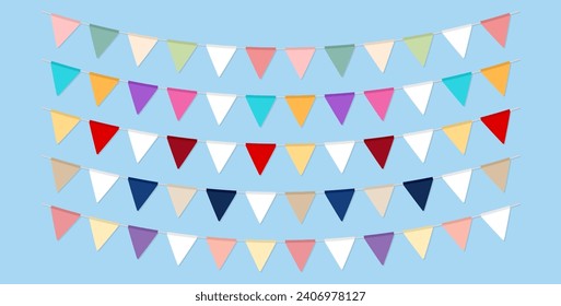 Set of 6 flat colorful buntings or party flags on string. Multicolored repeating hanging triangle carnival garlands isolated on blue background. Cute various pennants for festival, fair, birthday