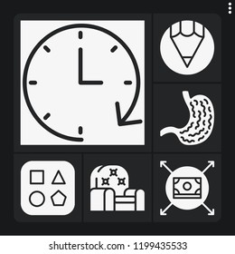 Set of 6 flat filled icons such as stomach, clock, money, shapes, sofa