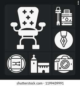 Set of 6 flat filled icons such as church, shuffle, photo camera, desk, pen