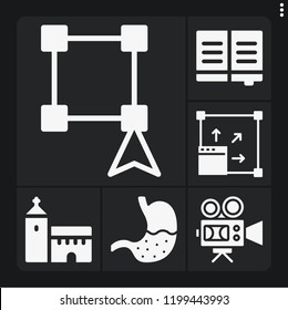 Set of 6 flat filled icons such as book, church, video camera, stomach, select