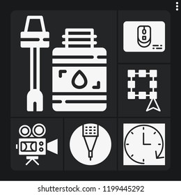 Set of 6 flat filled icons such as video camera, clock, pencil, select, mouse