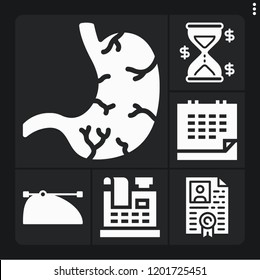 Set of 6 flat filled icons such as stomach, resume, hourglass, , calendar