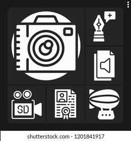 Set of 6 flat filled icons such as photo camera, video camera, audio file, resume, pen