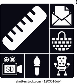 Set of 6 flat filled icons such as torch, video camera, desk, ruler, basket